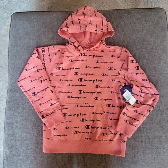 Champion Girl's Citrus Pink AOP Script Athleticwear Hoodie Sweatshirt Size Large - Picture 3 of 11